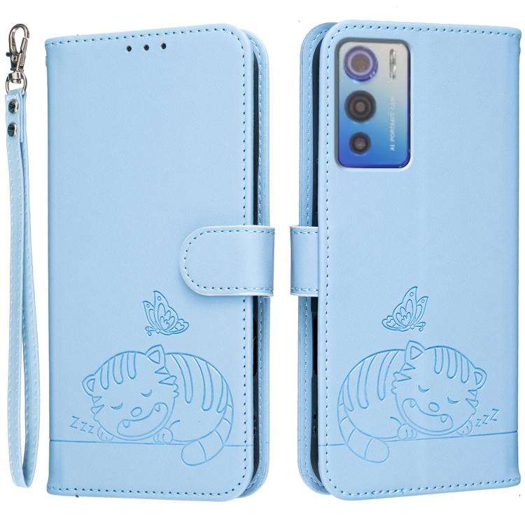 For DOOGEE N60 Pro Cat Butterfly Embossed RFID Vegan Leather Phone Case with Strap(Light Blue)