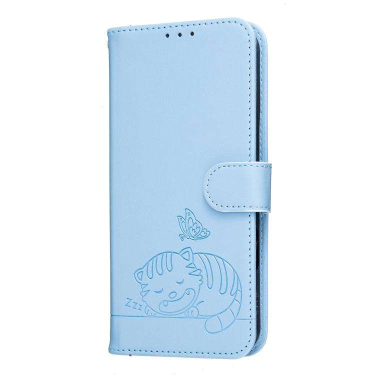 For DOOGEE N60 Pro Cat Butterfly Embossed RFID Vegan Leather Phone Case with Strap(Light Blue)