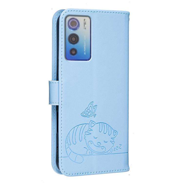 For DOOGEE N60 Pro Cat Butterfly Embossed RFID Vegan Leather Phone Case with Strap(Light Blue)