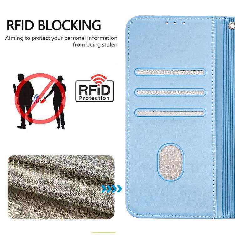 For DOOGEE N60 Pro Cat Butterfly Embossed RFID Vegan Leather Phone Case with Strap(Light Blue)