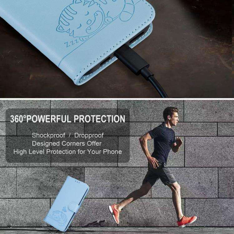 For DOOGEE N60 Pro Cat Butterfly Embossed RFID Vegan Leather Phone Case with Strap(Light Blue)