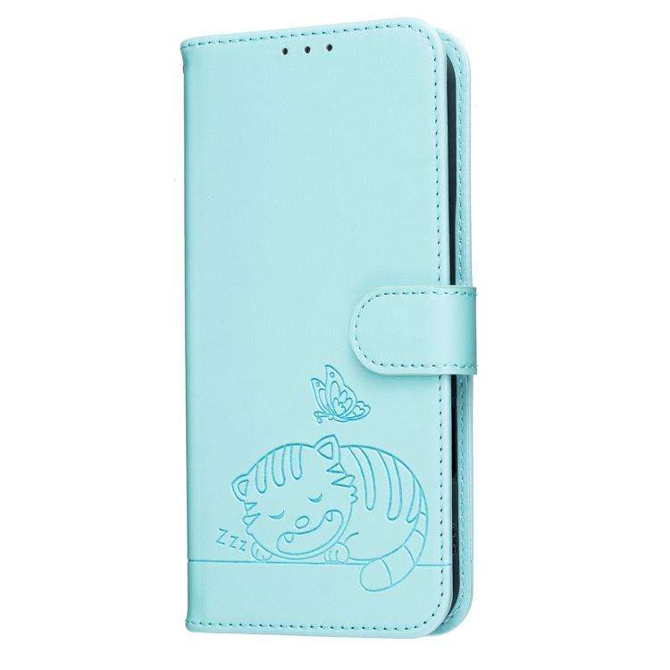 For DOOGEE N60 Pro Cat Butterfly Embossed RFID Vegan Leather Phone Case with Strap(Light Green)