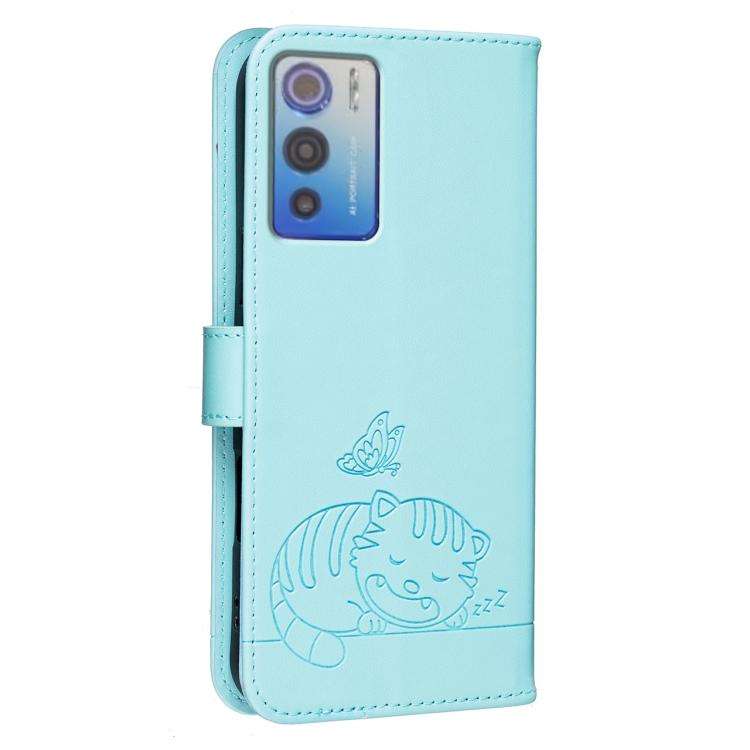 For DOOGEE N60 Pro Cat Butterfly Embossed RFID Vegan Leather Phone Case with Strap(Light Green)