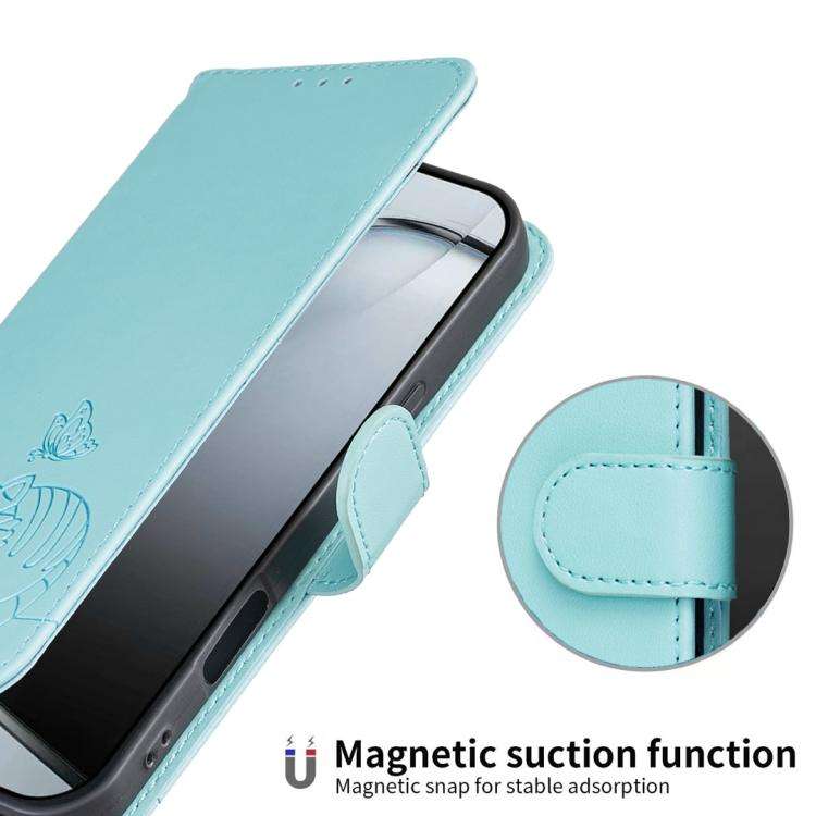 For DOOGEE N60 Pro Cat Butterfly Embossed RFID Vegan Leather Phone Case with Strap(Light Green)