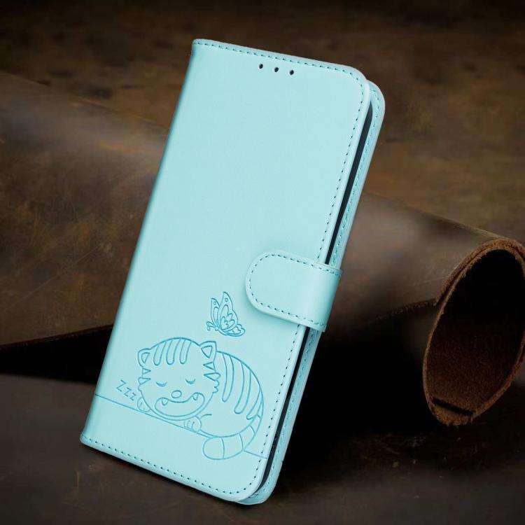For DOOGEE N60 Pro Cat Butterfly Embossed RFID Vegan Leather Phone Case with Strap(Light Green)