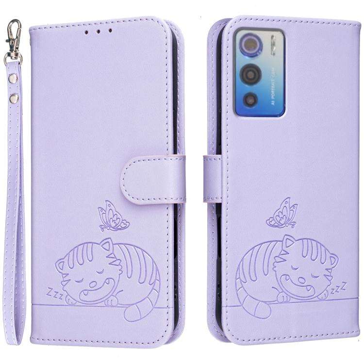 For DOOGEE N60 Pro Cat Butterfly Embossed RFID Vegan Leather Phone Case with Strap(Light Purple)