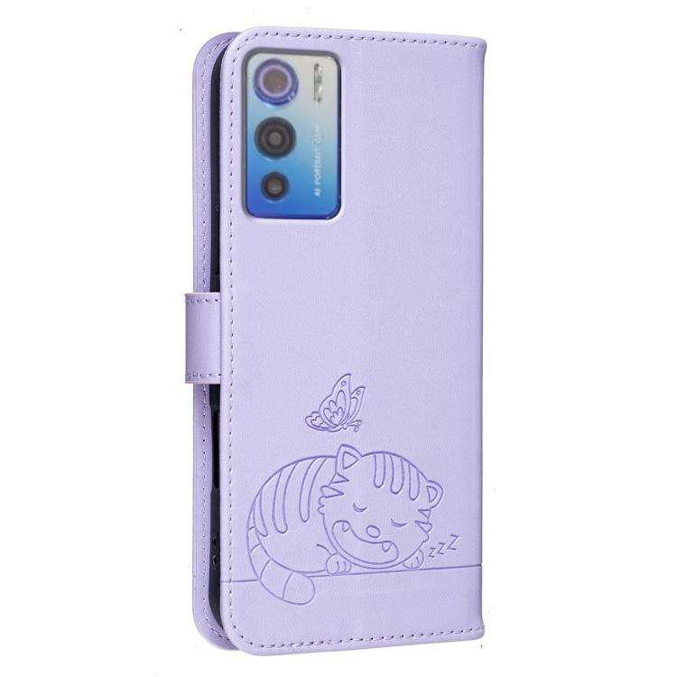 For DOOGEE N60 Pro Cat Butterfly Embossed RFID Vegan Leather Phone Case with Strap(Light Purple)