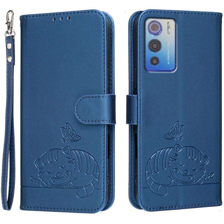 For DOOGEE N60 Pro Cat Butterfly Embossed RFID Vegan Leather Phone Case with Strap(Dark Blue)