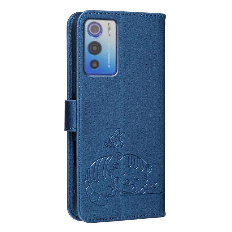 For DOOGEE N60 Pro Cat Butterfly Embossed RFID Vegan Leather Phone Case with Strap(Dark Blue)