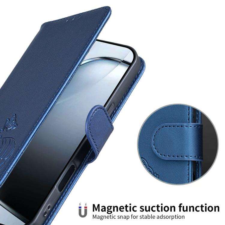 For DOOGEE N60 Pro Cat Butterfly Embossed RFID Vegan Leather Phone Case with Strap(Dark Blue)