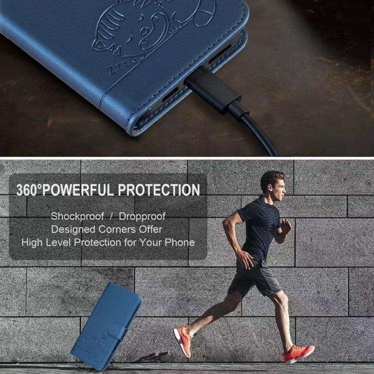 For DOOGEE N60 Pro Cat Butterfly Embossed RFID Vegan Leather Phone Case with Strap(Dark Blue)