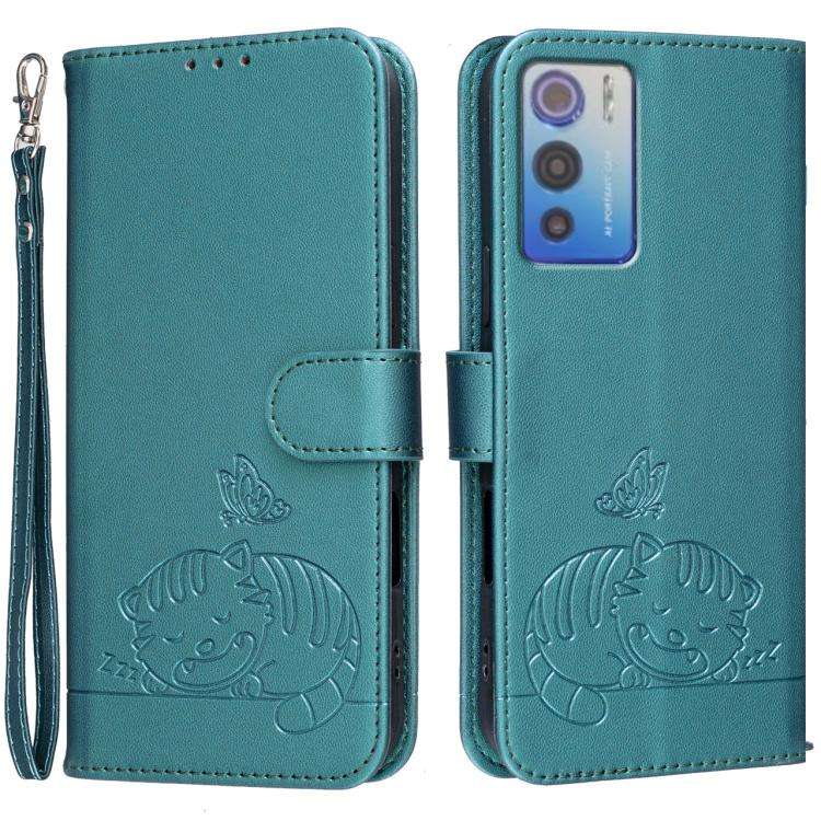 For DOOGEE N60 Pro Cat Butterfly Embossed RFID Vegan Leather Phone Case with Strap(Dark Green)
