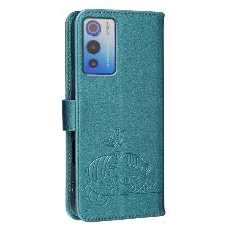 For DOOGEE N60 Pro Cat Butterfly Embossed RFID Vegan Leather Phone Case with Strap(Dark Green)
