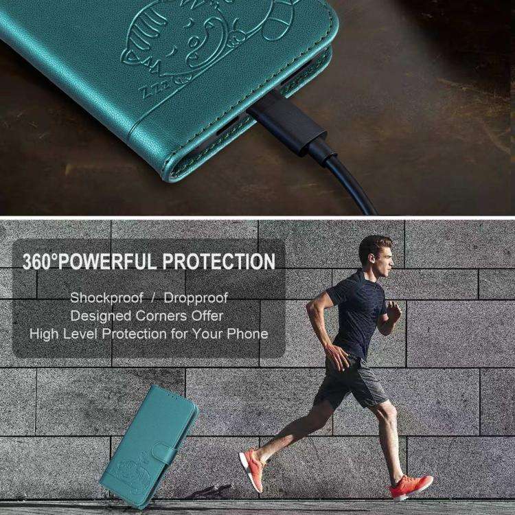 For DOOGEE N60 Pro Cat Butterfly Embossed RFID Vegan Leather Phone Case with Strap(Dark Green)
