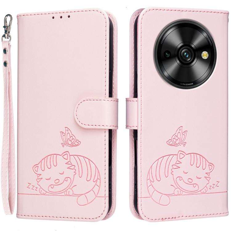 For Oukitel C59 Pro Cat Butterfly Embossed RFID Vegan Leather Phone Case with Strap(Pink)