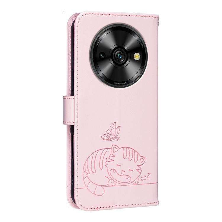 For Oukitel C59 Pro Cat Butterfly Embossed RFID Vegan Leather Phone Case with Strap(Pink)