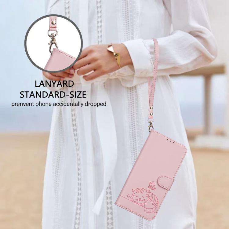 For Oukitel C59 Pro Cat Butterfly Embossed RFID Vegan Leather Phone Case with Strap(Pink)