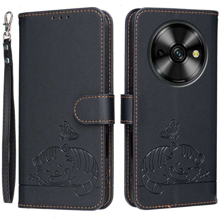 For Oukitel C59 Pro Cat Butterfly Embossed RFID Vegan Leather Phone Case with Strap(Black)