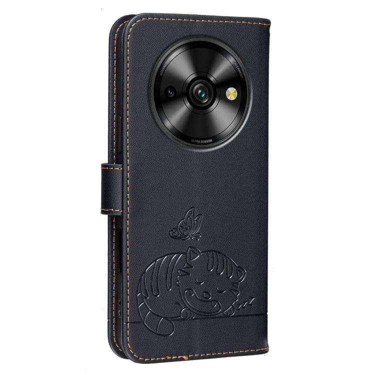 For Oukitel C59 Pro Cat Butterfly Embossed RFID Vegan Leather Phone Case with Strap(Black)