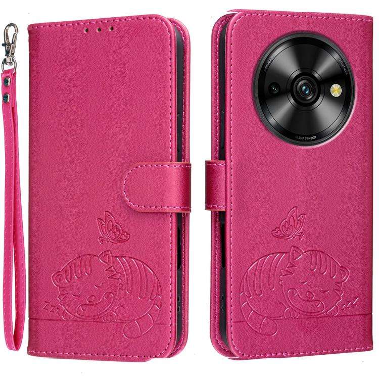 For Oukitel C59 Pro Cat Butterfly Embossed RFID Vegan Leather Phone Case with Strap(Rose Red)