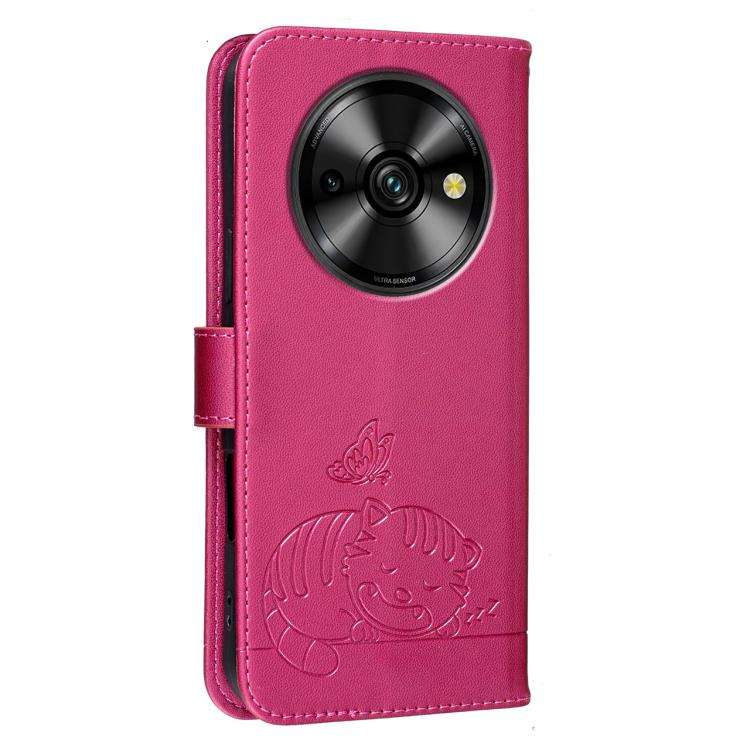 For Oukitel C59 Pro Cat Butterfly Embossed RFID Vegan Leather Phone Case with Strap(Rose Red)