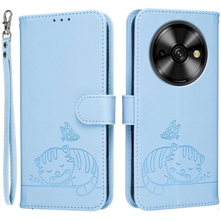 For Oukitel C59 Pro Cat Butterfly Embossed RFID Vegan Leather Phone Case with Strap(Light Blue)
