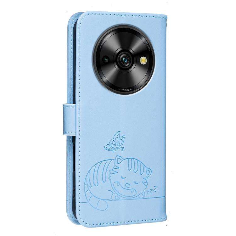 For Oukitel C59 Pro Cat Butterfly Embossed RFID Vegan Leather Phone Case with Strap(Light Blue)