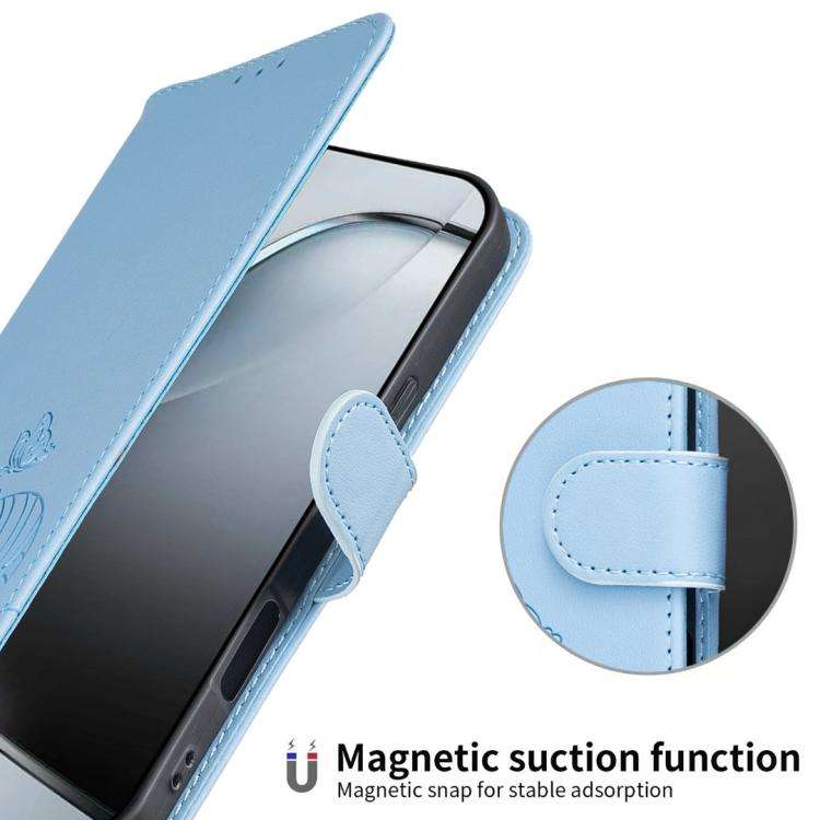 For Oukitel C59 Pro Cat Butterfly Embossed RFID Vegan Leather Phone Case with Strap(Light Blue)