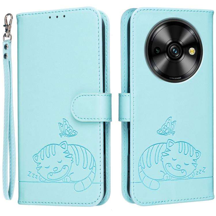 For Oukitel C59 Pro Cat Butterfly Embossed RFID Vegan Leather Phone Case with Strap(Light Green)