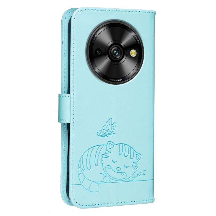 For Oukitel C59 Pro Cat Butterfly Embossed RFID Vegan Leather Phone Case with Strap(Light Green)