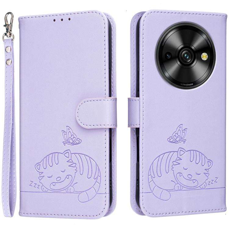 For Oukitel C59 Pro Cat Butterfly Embossed RFID Vegan Leather Phone Case with Strap(Light Purple)
