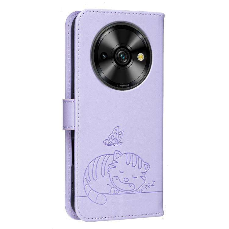 For Oukitel C59 Pro Cat Butterfly Embossed RFID Vegan Leather Phone Case with Strap(Light Purple)