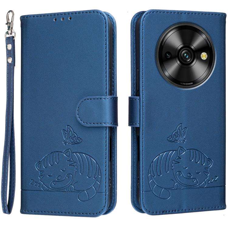 For Oukitel C59 Pro Cat Butterfly Embossed RFID Vegan Leather Phone Case with Strap(Dark Blue)