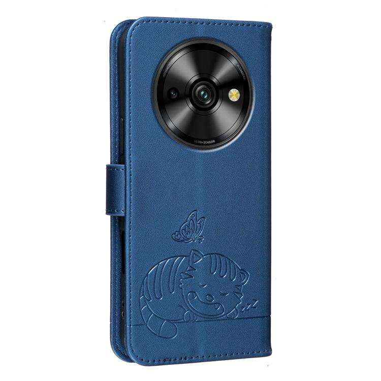 For Oukitel C59 Pro Cat Butterfly Embossed RFID Vegan Leather Phone Case with Strap(Dark Blue)