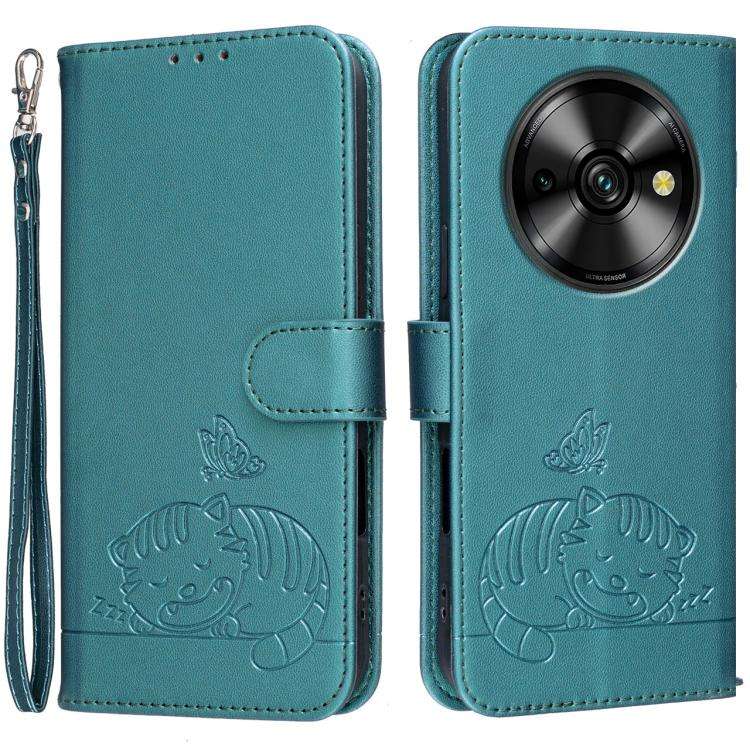 For Oukitel C59 Pro Cat Butterfly Embossed RFID Vegan Leather Phone Case with Strap(Dark Green)
