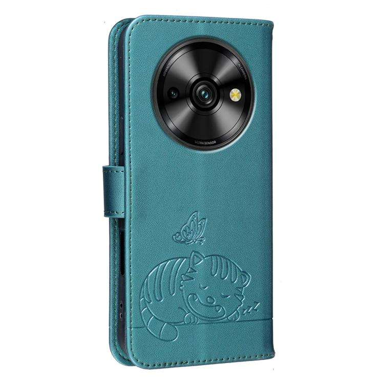 For Oukitel C59 Pro Cat Butterfly Embossed RFID Vegan Leather Phone Case with Strap(Dark Green)
