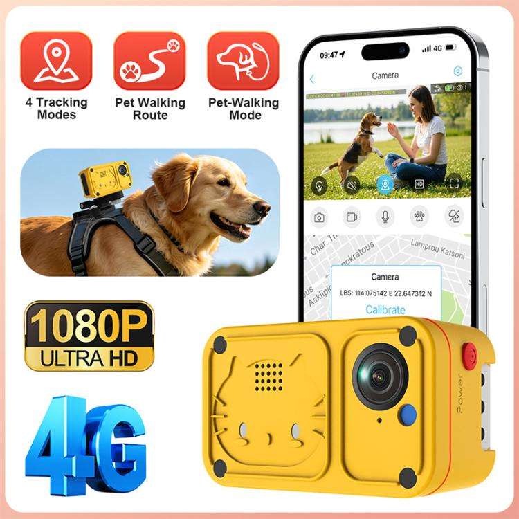 4G Outdoor Waterproof Pet GPS Location Tracker with Real-time Monitoring Camera, EU Version(Yellow)