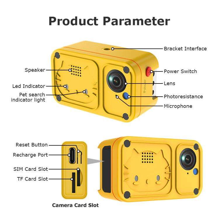 4G Outdoor Waterproof Pet GPS Location Tracker with Real-time Monitoring Camera, EU Version(Yellow)
