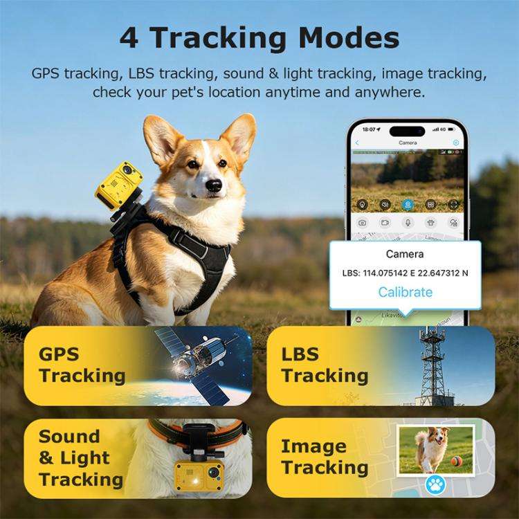 4G Outdoor Waterproof Pet GPS Location Tracker with Real-time Monitoring Camera, EU Version(Yellow)