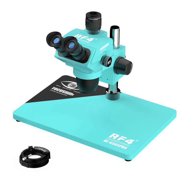 RF4 RF-6565Pro 6.5-65X Synchronous Zoom Trinocular Stereo Microscope with Aluminum Alloy Base(Blue)
