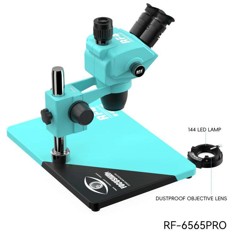 RF4 RF-6565Pro 6.5-65X Synchronous Zoom Trinocular Stereo Microscope with Aluminum Alloy Base(Blue)