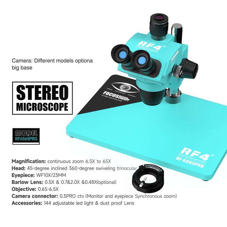 RF4 RF-6565Pro 6.5-65X Synchronous Zoom Trinocular Stereo Microscope with Aluminum Alloy Base(Blue)