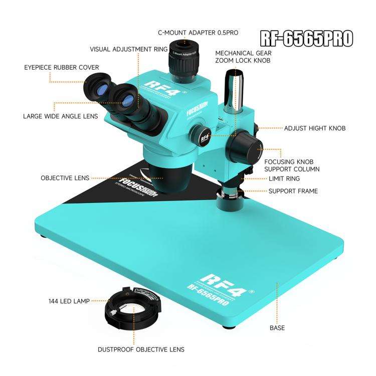 RF4 RF-6565Pro 6.5-65X Synchronous Zoom Trinocular Stereo Microscope with Aluminum Alloy Base(Blue)