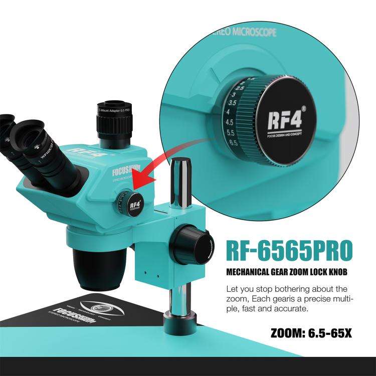 RF4 RF-6565Pro 6.5-65X Synchronous Zoom Trinocular Stereo Microscope with Aluminum Alloy Base(Blue)