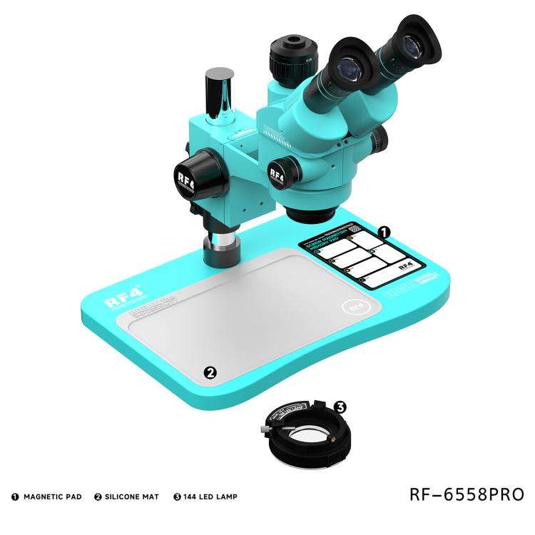 RF4 RF-6558Pro 6.5-58X Trinocular Stereo Microscope with Big Base, Silicone Pad, Screw Pad(Blue)