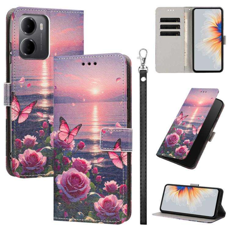 For Redmi 15a 5G Global Painted Pattern Vegan Leather Phone Case with Strap(Rose Butterfly)