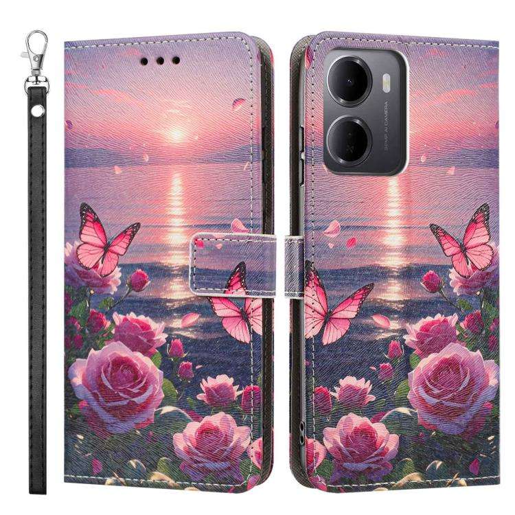 For Redmi 15a 5G Global Painted Pattern Vegan Leather Phone Case with Strap(Rose Butterfly)