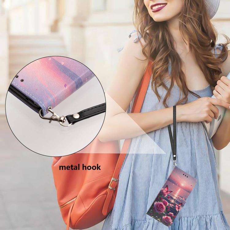 For Redmi 15a 5G Global Painted Pattern Vegan Leather Phone Case with Strap(Rose Butterfly)