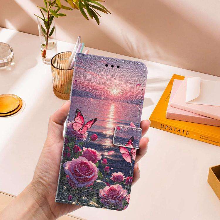For Redmi 15a 5G Global Painted Pattern Vegan Leather Phone Case with Strap(Rose Butterfly)