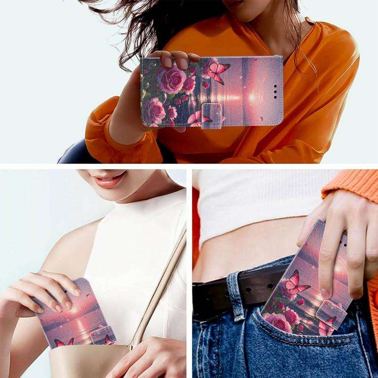 For Redmi 15a 5G Global Painted Pattern Vegan Leather Phone Case with Strap(Rose Butterfly)
